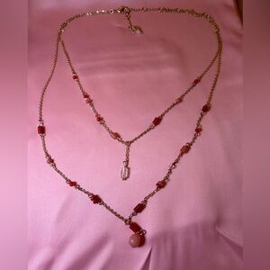 Golden Double Strand Necklace w/ Red and Pink Beaded Details